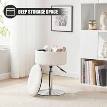 Taburete otomano ajustable de color blanco, silla de tocador, silla para el tocador para el cuarto de maquillaje, silla de tocador con almacenamiento, taburetes de maquillaje con almacenamiento, silla giratoria de maquillaje para el baño de piel sintética - Blanco - Ver 6
