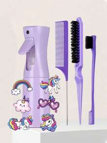 Set de 1/5/7 piezas de herramientas para peinado, incluye cepillo, botella rociadora, botella de agua transparente, peine de cola de rata, cepillo para el cabello, adecuado como regalo de Año Nuevo para niñas, viene con pegatinas DIY lindas (estilo aleatorio) - Morado - Ver 14
