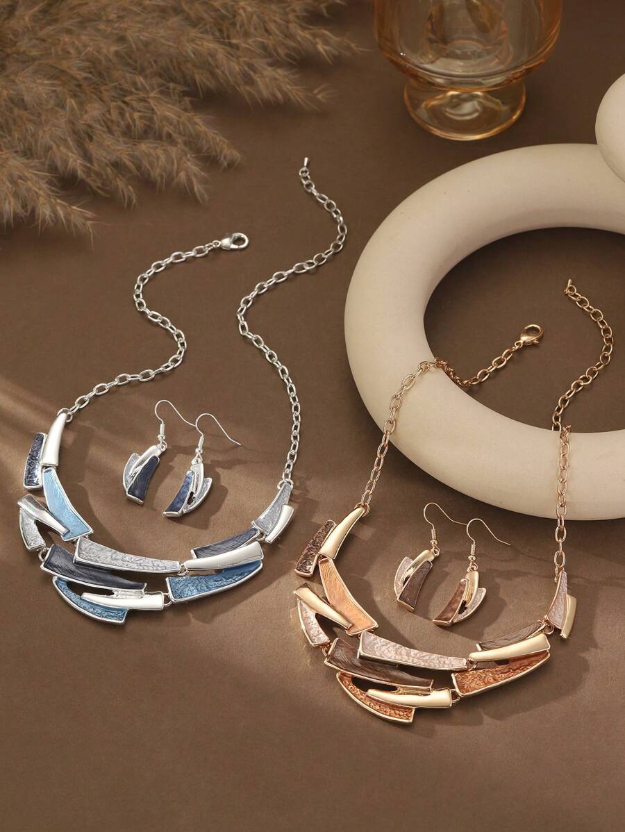 1 Set (2pcs) Bohemian Style Minimalist Elegant Khaki & Blue Dripping Oil Zinc Alloy Geometric Decorated Jewelry Set - Necklace & Earrings, Suitable For Women Daily Wear, Party, Holiday, Gift