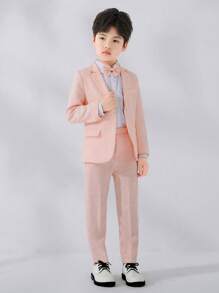 Conjunto de traje a cuadros para niño pequeño de 3 piezas: chaqueta, pantalones y pajarita, adecuado para eventos formales, bodas, actuaciones, uniformes escolares, cumpleaños, Navidad - Rosa - Ver 3