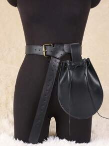 2PCS Faux Leather Medieval Knight Belt Waist Bag Set Renaissance Belt Pouch COSPLAY Props - Black - View 7