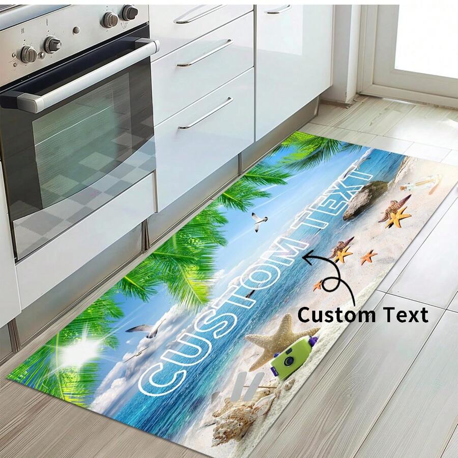 1pc Customizable Wave & Beach Print Doormat, Personalized With Text, Suitable For Kitchen, Laundry Room, Hallway, Entryway, Bathroom, Indoor Home Decor - Blue Multicolor - View 1