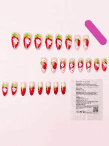 24 件杏仁形可爱草莓优雅水果指甲，可拆卸，春夏按压指甲 - 紅色 - 查看 2