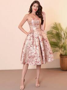 奢华宫廷风格提花面料 Prome 连衣裙，带侧袋，女士圣帕特里克节鸡尾酒会礼服、派对礼服、婚礼宾客礼服 - 酒紅色 - 查看 5