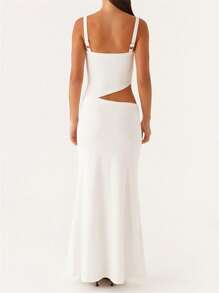 Women Slip Dress, Sleeveless V-Neck Backless Hollowed Swing Dress Summer Long Dress For Cocktail Party - 白色 - 查看 7