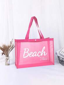 粉色网眼手提包，带有海滩字母印花设计，配有化妆包和太阳镜，网眼化妆包和靠垫粉扑收纳便携式化妆包，带有海滩字母印花设计，沙滩包 - 粉色 - 查看 7