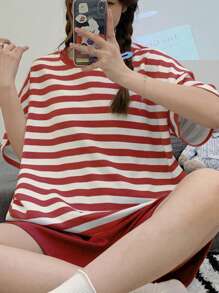 AICJ 2pcs Women Casual Set, Spring/Summer, Drop Shoulder Striped Short Sleeve Shirt & Shorts, Comfortable Loungewear, Suitable For Indoor/Outdoor Use, Two Pieces Set