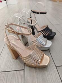 P.U. SANDAL WITH A THICK HEEL HEIGHT OF 12.5 Cm AND A 3.8 Cm PLATEAU, VERY ELEGANT FOR EVENINGS AND/OR PARTIES. Stylish Sandals Summer Sandals For Women - Silver - View 3