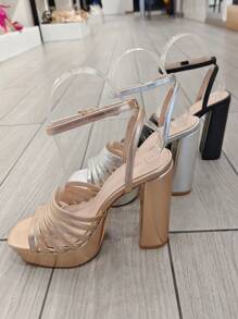 P.U. SANDAL WITH A THICK HEEL HEIGHT OF 12.5 Cm AND A 3.8 Cm PLATEAU, VERY ELEGANT FOR EVENINGS AND/OR PARTIES. Stylish Sandals Summer Sandals For Women - Silver - View 2