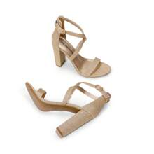 Sandalias de tacón con tiras cruzadas y punta abierta para mujer, ideales para boda, novia, eventos de noche, regreso a casa y baile de graduación - Dorado - Ver 5