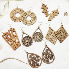 6 Pairs Of Wooden Carved Floral & Geometric Drop Earrings, Elegant For Vacation, Party, & Daily Wear