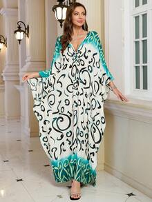 Bohemian Batwing Sleeves Kaftan Plus Size House Dress Modest Arabian Dress Outfits - Green - View 8