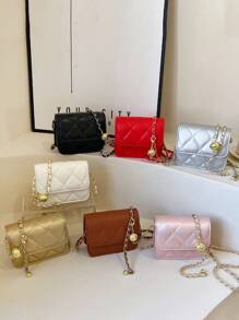 1pc Korean Version Of Gentle Style 2025 Spring And Summer New Chain Bag Rhinestone Fashion Shoulder Bag Mini Crossbody Bag For Girl, Suitable For All Occasions Girls Mini Bag, Comfortable And Adjustable Shoulder Strap, Versatile And Not Picky, Suitable For Outdoor, Play, Commuting Use, Is A Perfect Gift For Girls - Diamond Lattice Small Square Bag - View 2