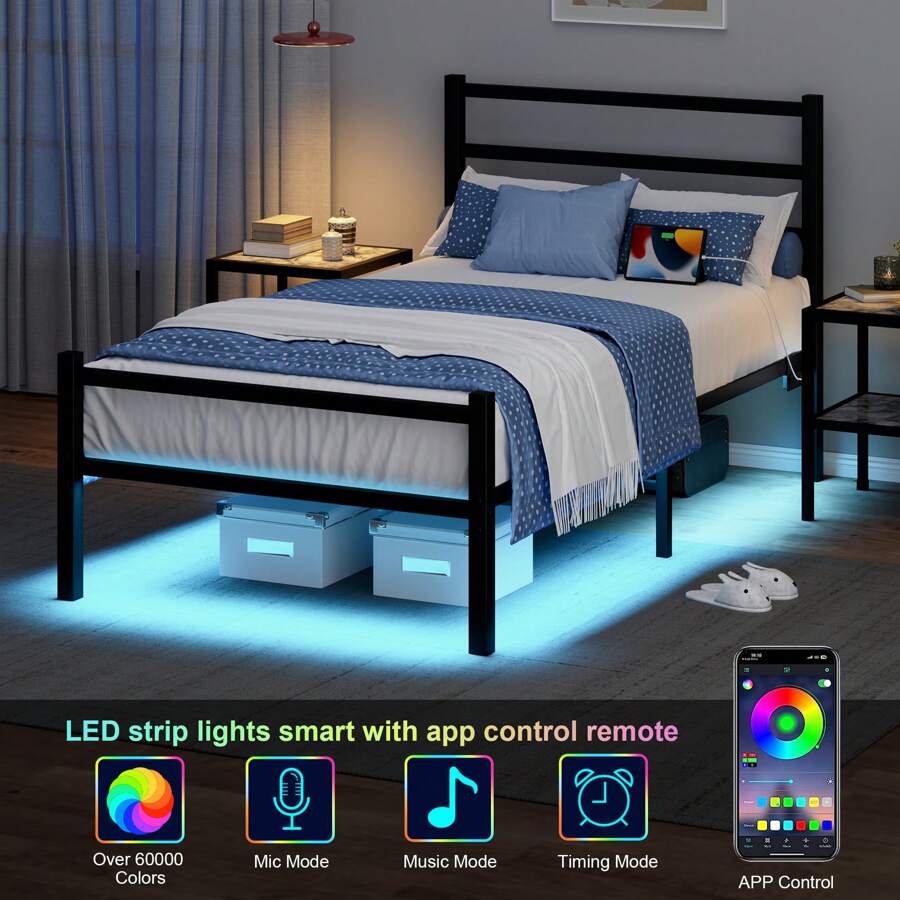Twin Bed Frame With Headboard And Footboard, LED Bed Frame With Charging Station, Metal Bed For Boys/ Girls, Easy Assembly, Black/ White ( USB LED Strip) * Twin Bed Frame Beds Bed Frame Twin Bed Frame Queen Bed Frame Bed Queen Bed Frame King Bed Frame Bedroom Furniture Bed Frame Full Full Size Bed Frame Twin Bed Frame Beds Cozy Bedroom Home Bedroom Refresh Room Decor Home Decor Christmas Decor Bedroom Decor Valentine Day Decor Storage Living Room Decor Furniture House Decor - 查看 1