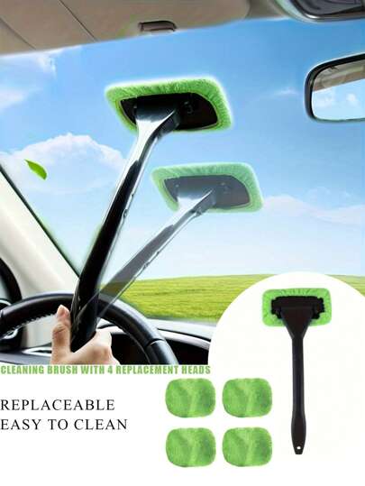 Durable Long Handle Car Windshield Cleaner - Easily Protect And Polish Glass, Includes 4 Replacement Cloths