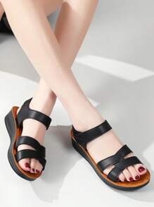 Women's Flat Sandals, Solid Color Casual New Style Hook And Loop Patchwork Slip-On Slippers