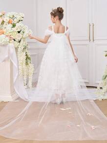 Abito da damigella d'onore per ragazze pre-adolescenti con mantella, morbido e ricamato, elegante abito bianco da cerimonia, comunione, compleanno e ballo