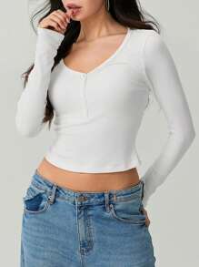 Women's Summer Slim Cropped Tops Solid Color Ribbed Long Sleeve V-Neck Button Show Navel T-Shirt - White - View 2