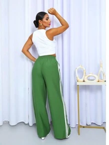 Striped Palazzo Pants - 橄欖綠 - 查看 4