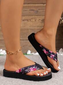 女士时尚简约舒适休闲黑色花朵平底沙滩人字拖凉鞋 - 黑色 - 查看 3
