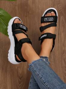 Casual Fashion Versatile Simple Hook And Loop Webbing Ladies' Sandals Women Thick Bottom Hook Loop Strap Sandals Fashion White Black With Sports Strap School Shoes, Beach Sandals - Black and White - View 3