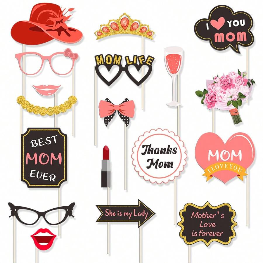 18 件/套母亲节装饰摄影道具，配有粉色眼镜、口红、心形配饰 - 彩色 - 查看 1