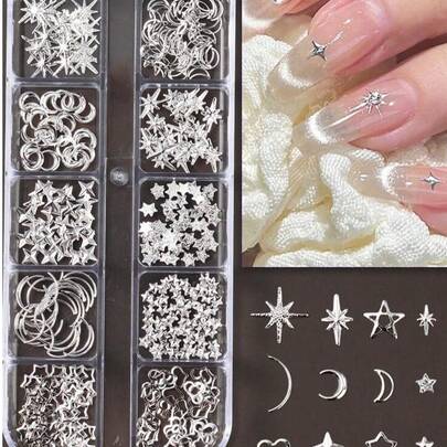 12格盒装3D银色月亮星星金属美甲装饰，3D Y2K风格混合水钻，12格银色金属美甲宝石DIY美甲用品