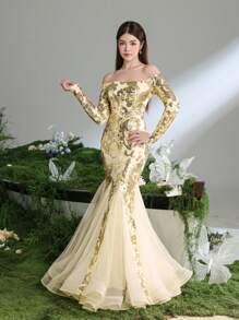 Vestito elegante da ragazza adolescente con spalle scoperte, maniche lunghe, per occasioni formali, con orlo a sirena in tulle ricamato - Champagne - Visualizzare 6