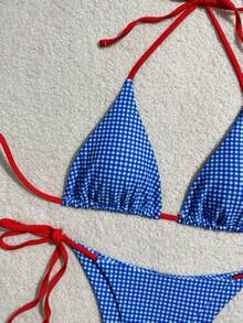 2 件套女士 2025 年新款蓝白格子印花比基尼泳装