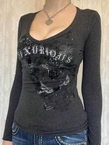 Womens Fairy Grunge T-Shirt Y2k Vintage V-Neck Long Sleeve Pullover Tops Slim Fitted Tops Aesthetic Clothes T-Shirt Graphic Tees Shirt E-Girl Streetwear Summer Spring Fall Basic Clothes Tops - 黑色 - 查看 1
