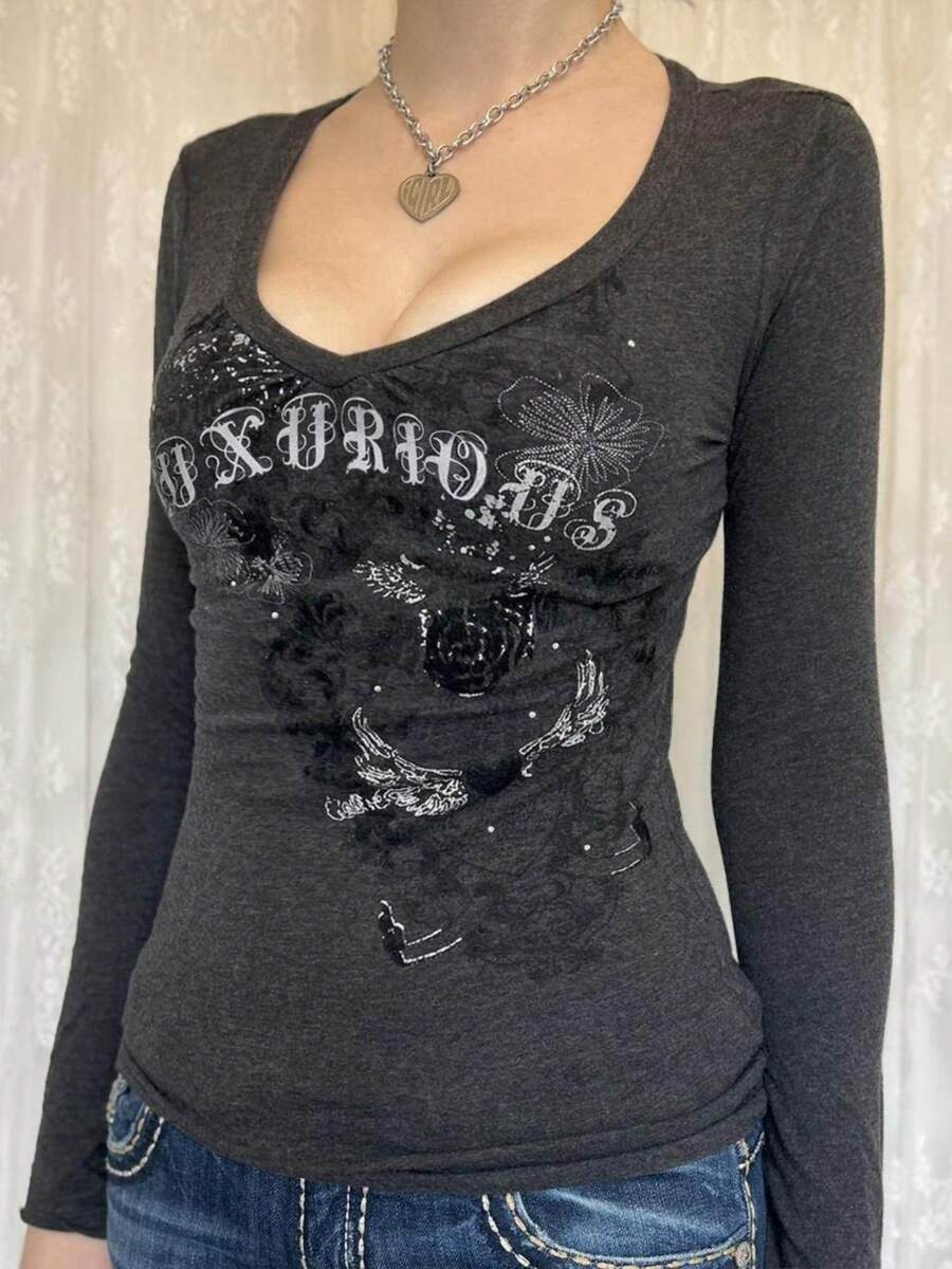 Womens Fairy Grunge T-Shirt Y2k Vintage V-Neck Long Sleeve Pullover Tops Slim Fitted Tops Aesthetic Clothes T-Shirt Graphic Tees Shirt E-Girl Streetwear Summer Spring Fall Basic Clothes Tops - 黑色 - 查看 1