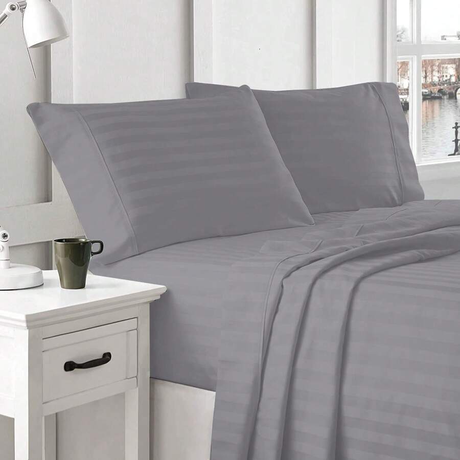 King Size Cotton Touch Sheet Set, Ideal For Valentine's Day Gifts - 深灰色 - 查看 1