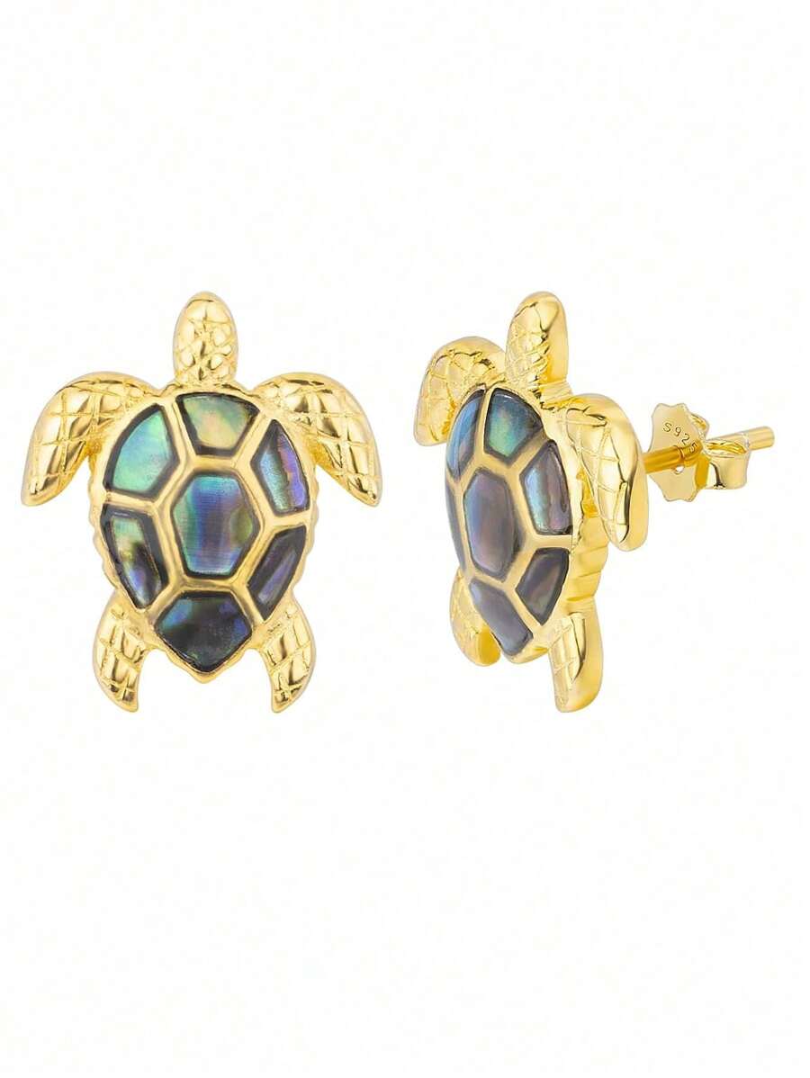 1 Pair 925 Sterling Silver Abalone Shell & Sea Turtle Stud Earrings, Fashionable Unisex