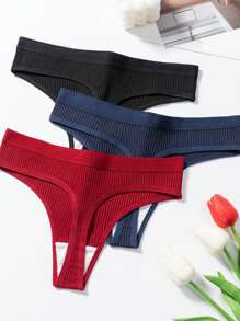 6pcs Women Solid Color Minimalist Breathable Ribbed Thong Underwear - Multicolor - View 3