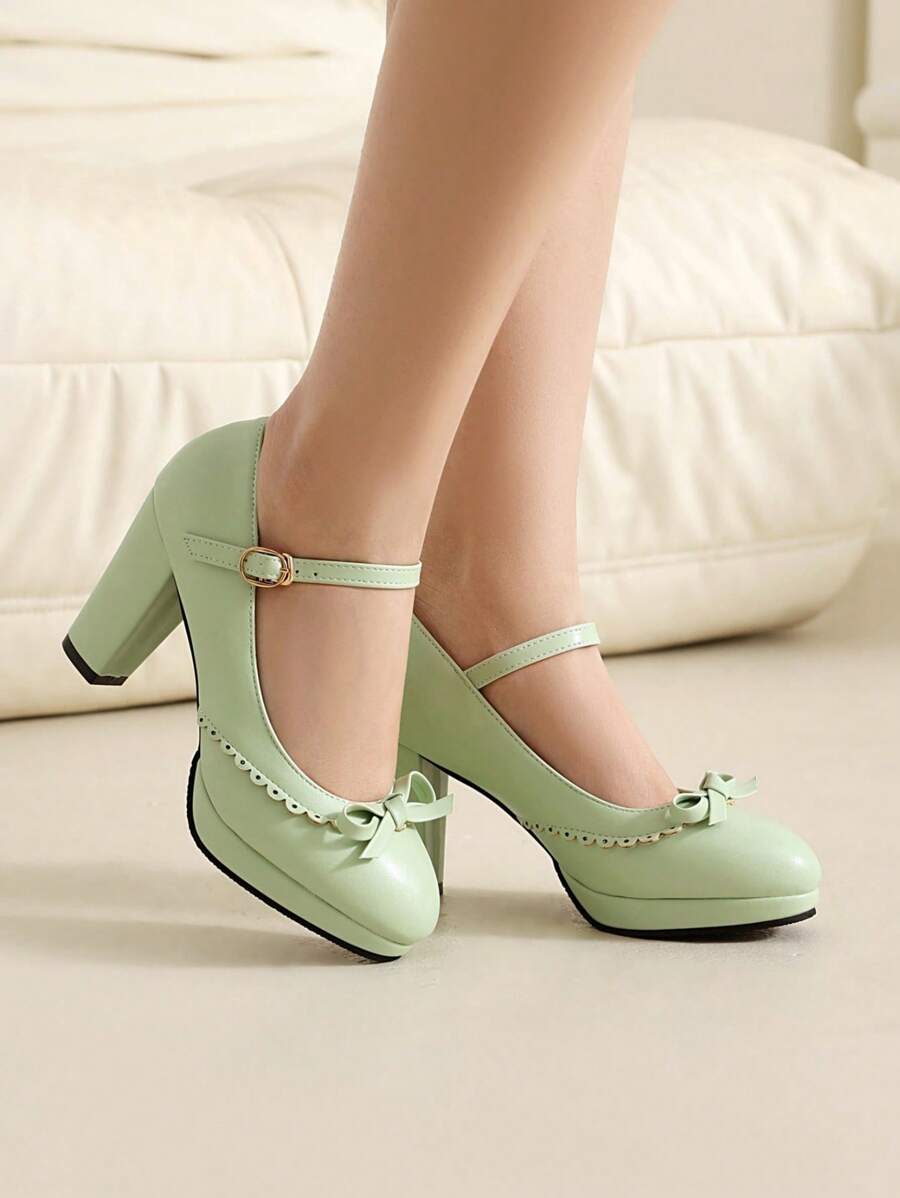 Nuovi decolleté primaverili con tacco alto e fiocco in stile Lolita dolce, scarpe con tacco squadrato eleganti e con cinturino in stile accademico, per donne - Verde - Visualizzare 1