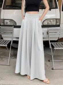 Oversized Wide-Legged Pants Women High Waist Thin Glutinous Pants Commuter Workplace Daily Casual Dragging Pants Spring Spring Draping Pants - 藍色 - 查看 3