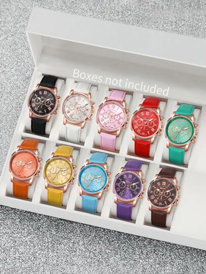 10pcs/Set Women's Candy Color Leather Band Fashion Casual Roman Numeral Dial Quartz Wrist Watch, Excluding Watch Box