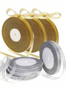 1roll 25Yards Silver Gold Glitter Ribbon 3/8 Inch, Sparkly Thin Solid Fabric Ribbon For Gift Wrapping, Crafts, Christmas Holiday Wedding Birthday Party Decoration Floral Bouquet, Metallic Gold Ribbon Roll - Multicolor - View 7