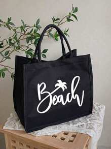 1 bolsa de lona tipo tote con impresión de letra, bolsa de regalo personalizada para la playa, de gran capacidad, impermeable y portátil, bolsa de playa con letra para vacaciones, paquete de trabajo, bolsa de lona con cremallera para compras, estilo tanto para mujeres como para hombres, ideal para escuela, universidad, trabajo, negocios, traslados, exteriores, viajes, salidas, vacaciones, bolsa de almuerzo para el Día del Maestro (negra), bolsas de viaje de gran tamaño, bolsa de verano