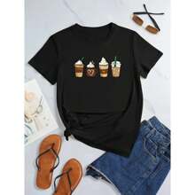 Coffee Print T-Shirt, Crew Neck Short Sleeve T-Shirt, Casual Every Day Tops, Women's Clothing