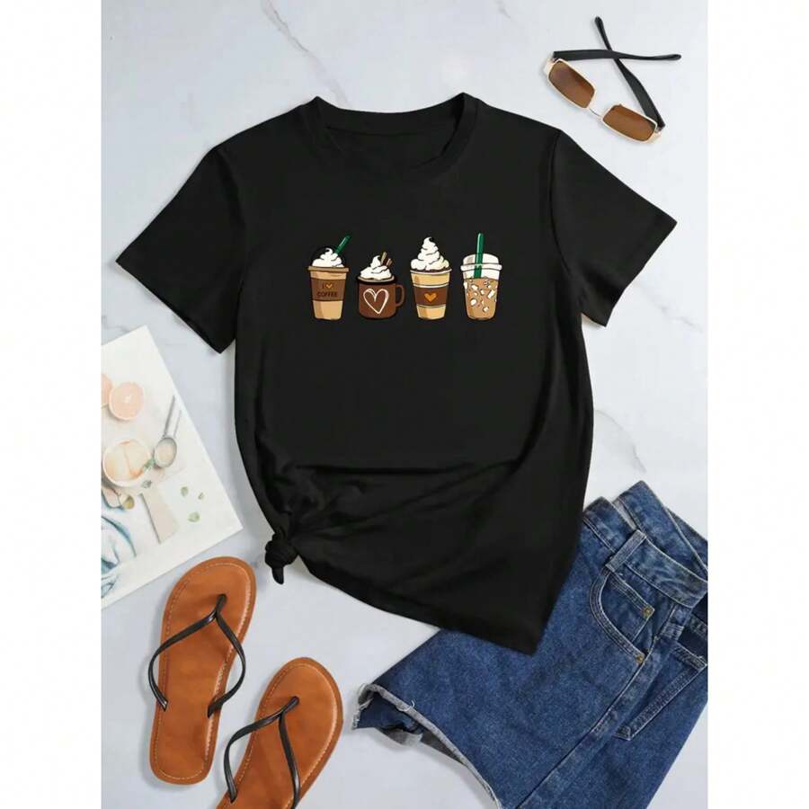 Coffee Print T-Shirt, Crew Neck Short Sleeve T-Shirt, Casual Every Day Tops, Women's Clothing
