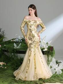 Vestito elegante da ragazza adolescente con spalle scoperte, maniche lunghe, per occasioni formali, con orlo a sirena in tulle ricamato - Champagne - Visualizzare 4