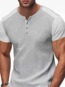 Men's Solid Color Simple Henley Collar Short Sleeve Polo Shirt And Drawstring Elastic Waist Shorts Casual Suit - Grey - View 4