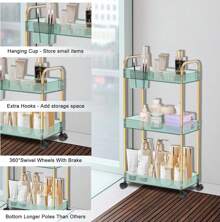 Xe đẩy 3 tầng có bánh xe trong suốt có khóa cho phòng tắm & kệ đa chức năng! Xe đẩy lưu trữ có bánh xe, thích hợp cho phòng khách, văn phòng, phòng tắm, nhà bếp, trang trí ngoài trời - màu xanh lá - Xem 9