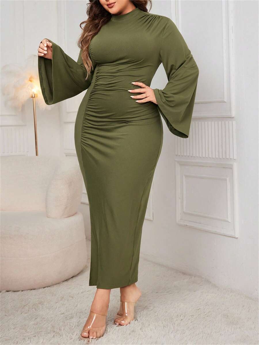 Women Autumn Long Fitted Dress Long Sleeve Round Neck Split Hem Solid Color Plus Size Dress - Green - View 1