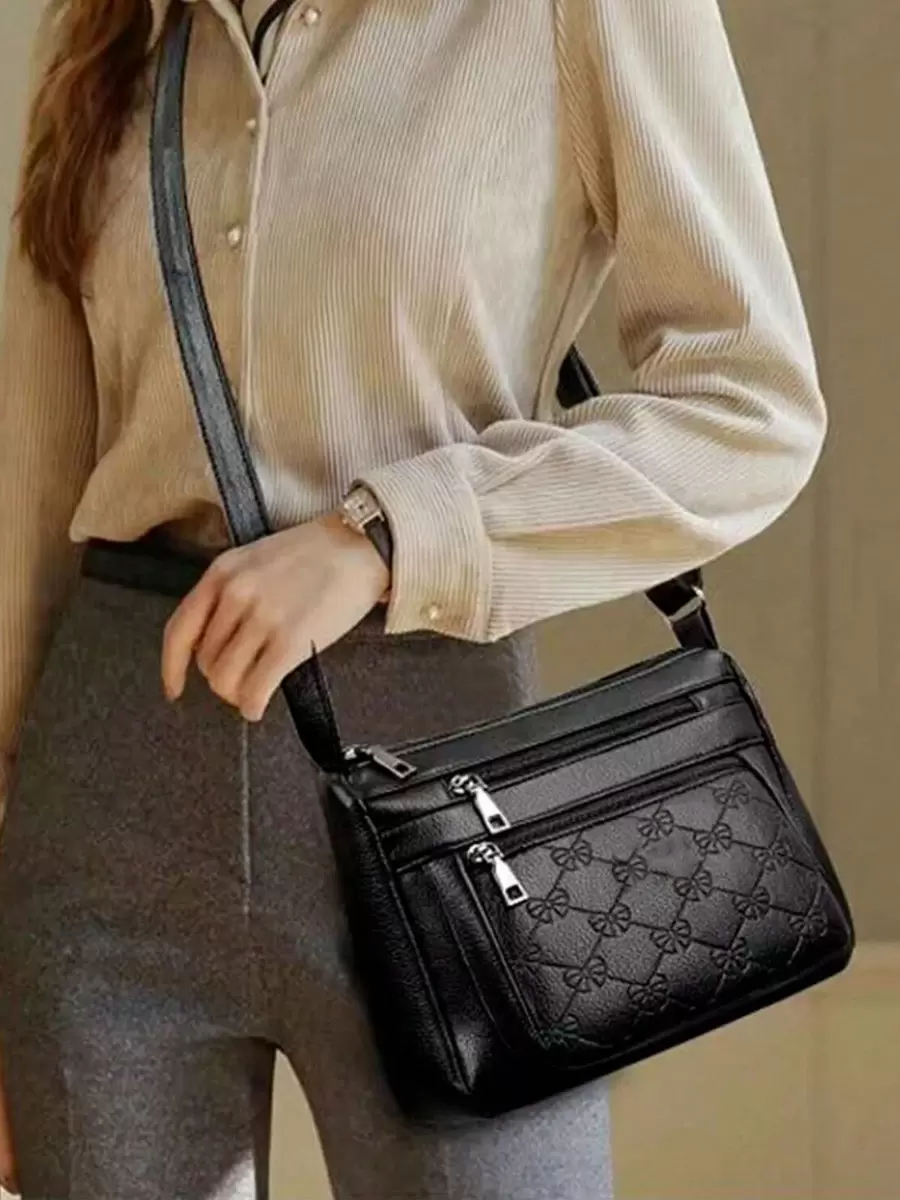 Womens Soft PU Leather Shoulder Crossbody Bag Bowtie Pattern Work Travel Ladies Handbag - Black - View 1