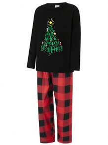 Conjunto de pijama a juego familiar de Navidad, camiseta de manga larga con estampado de árbol y pantalón a cuadros, ropa de dormir y de estar por casa