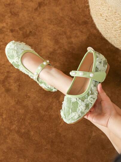 Girls' Green Flat Shoes, Children Pearl Dress Shoes For Toddlers