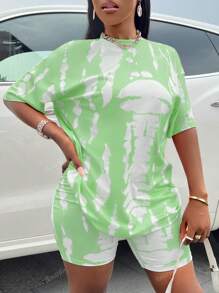 Women Casual Tie-Dye Round Neck Dropped Shoulder Short Sleeve Top And Shorts Set