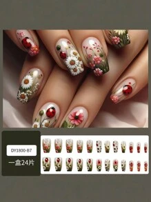24 件中号芭蕾形状假指甲，雏菊彩绘指甲贴片瓢虫芭蕾舞女演员指甲贴片，全覆盖可拆卸女士指甲套装，适合派对、婚礼、日常佩戴按压指甲美甲用品 - 彩色 - 查看 2